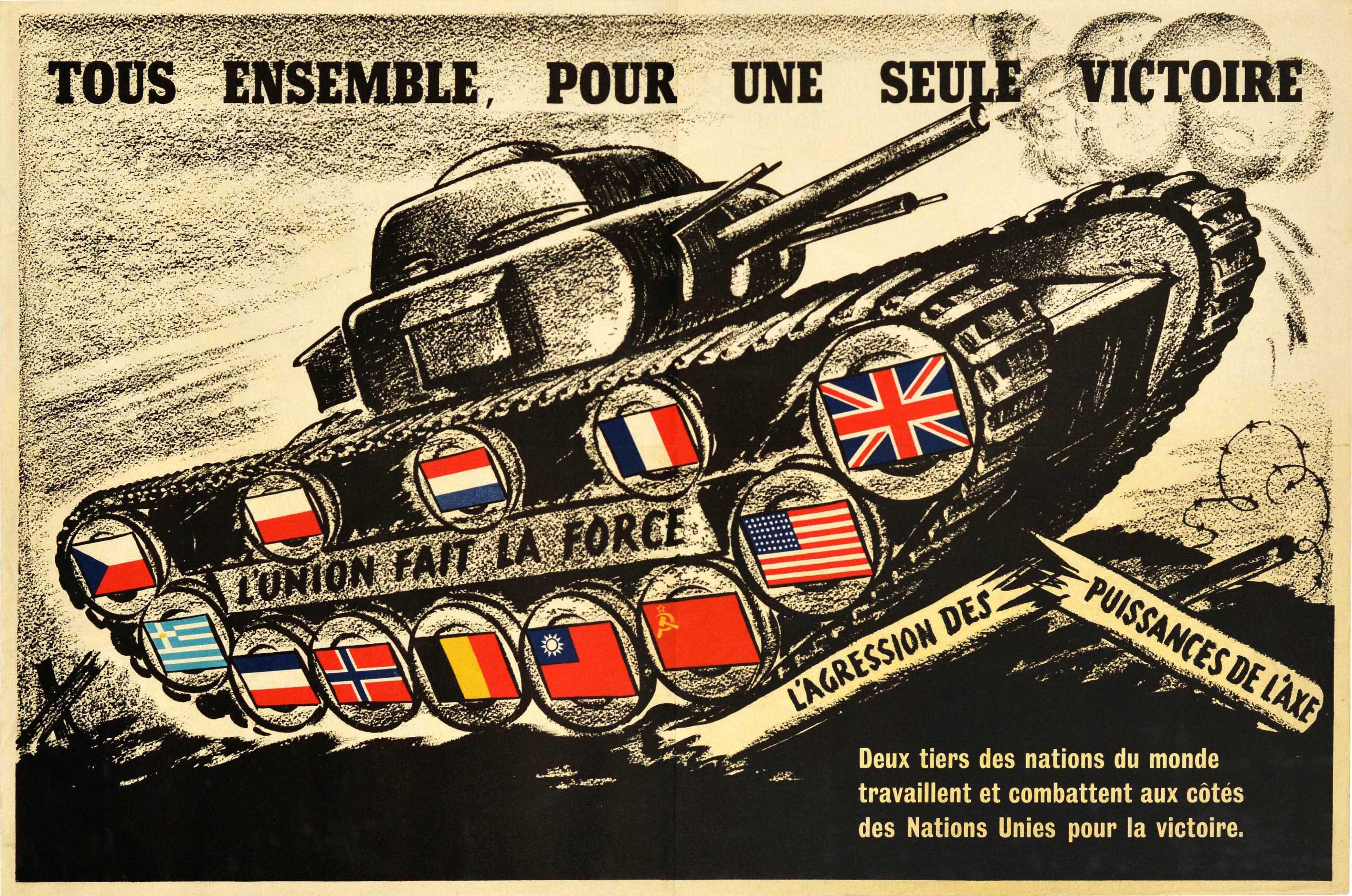 Print Unknown - Affiche rétro originale de la Seconde Guerre mondiale "Together One Victory Unity Strength Tank Design"