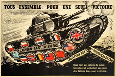 Affiche rétro originale de la Seconde Guerre mondiale "Together One Victory Unity Strength Tank Design"