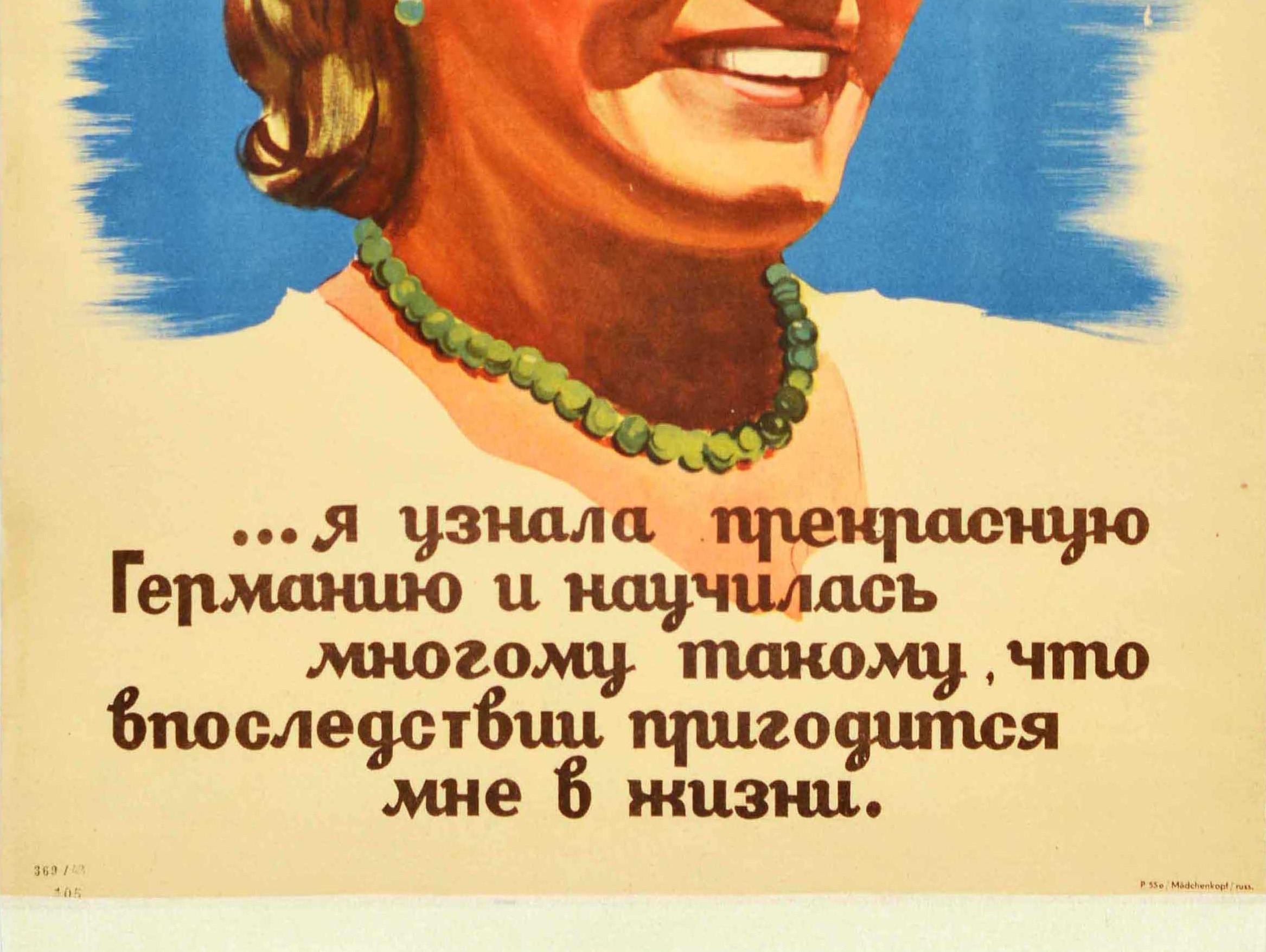 Original Vintage WWII Poster Anti-Soviet German Propaganda Happy To Work Germany - Beige Print by Unknown
