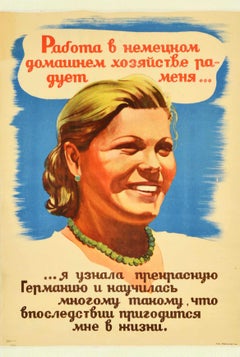 Affiche rtro originale de la Seconde Guerre mondiale, Propagande allemande anti-sovitique, Happy To Work, Allemagne