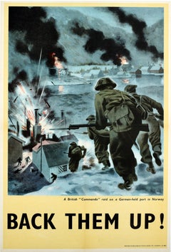 Affiche vintage d'origine de la Seconde Guerre mondiale - Back Them Up - Commando Raid sur un port de Norvège