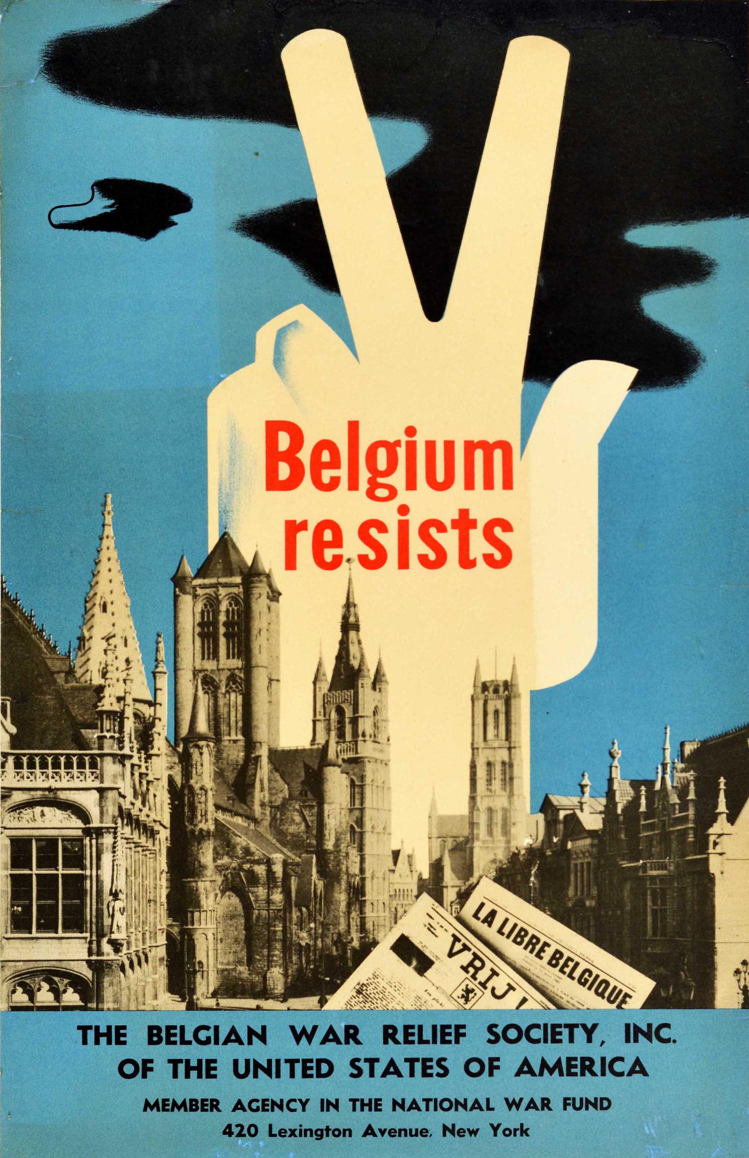 Unknown Print - Original Vintage WWII Poster Belgium Resists V Victory Sign War Relief Fund USA