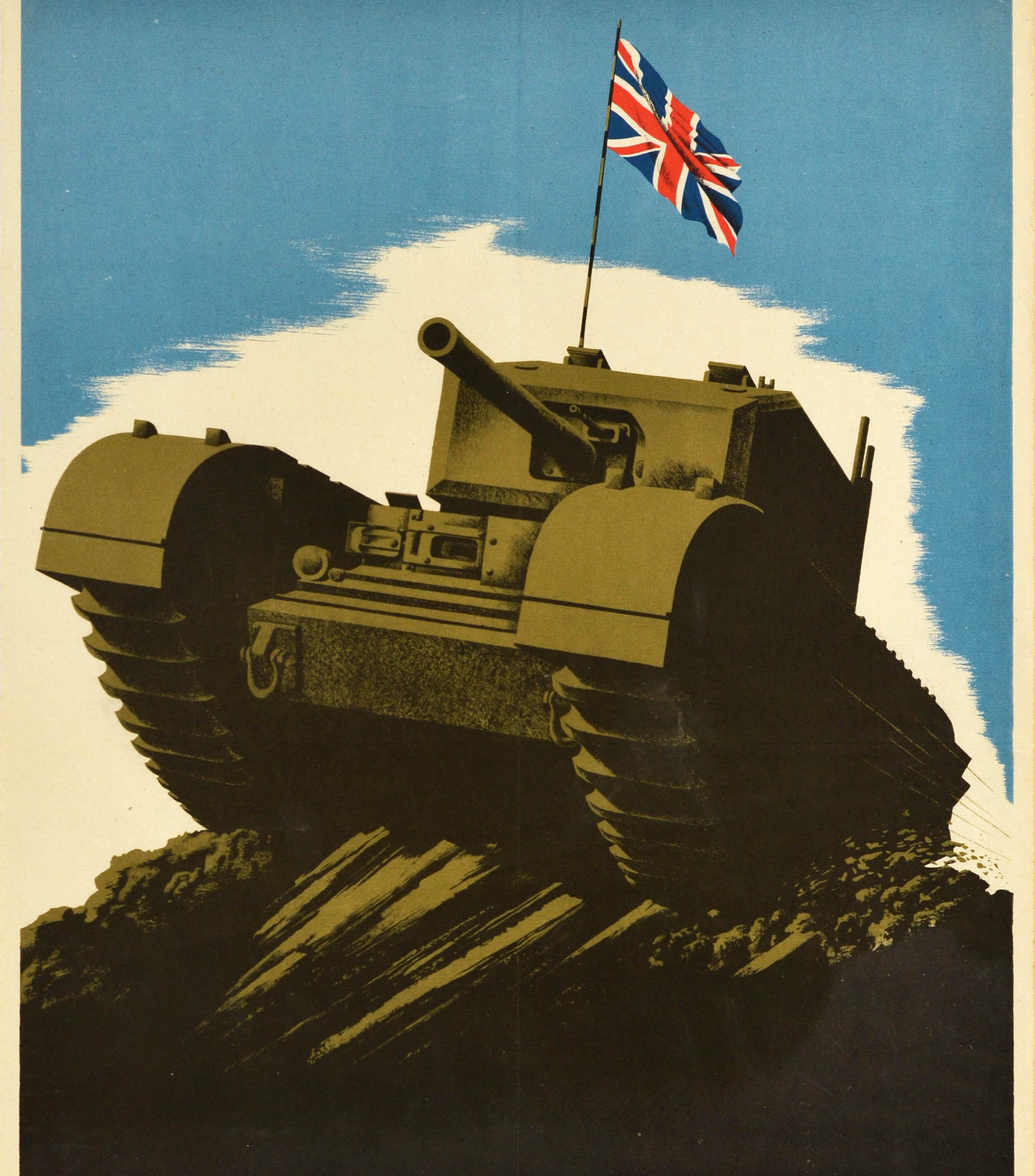 Originalplakat aus dem Zweiten Weltkrieg - Britain is Pledged to Smash Japan - mit dem Bild eines Panzers, der über einen schlammigen Hügel fährt und die Flagge des Union Jack vor dem Hintergrund des blauen Himmels schwenkt, darunter der Text in