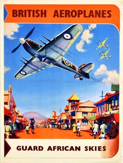 Poster originale d'epoca della seconda guerra mondiale Aeroplanes British Guard African Skies RAF Spitfire