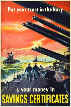 Original Vintage WWII Poster für Sparzzertifikate Royal Navy Kriegsschiff Design