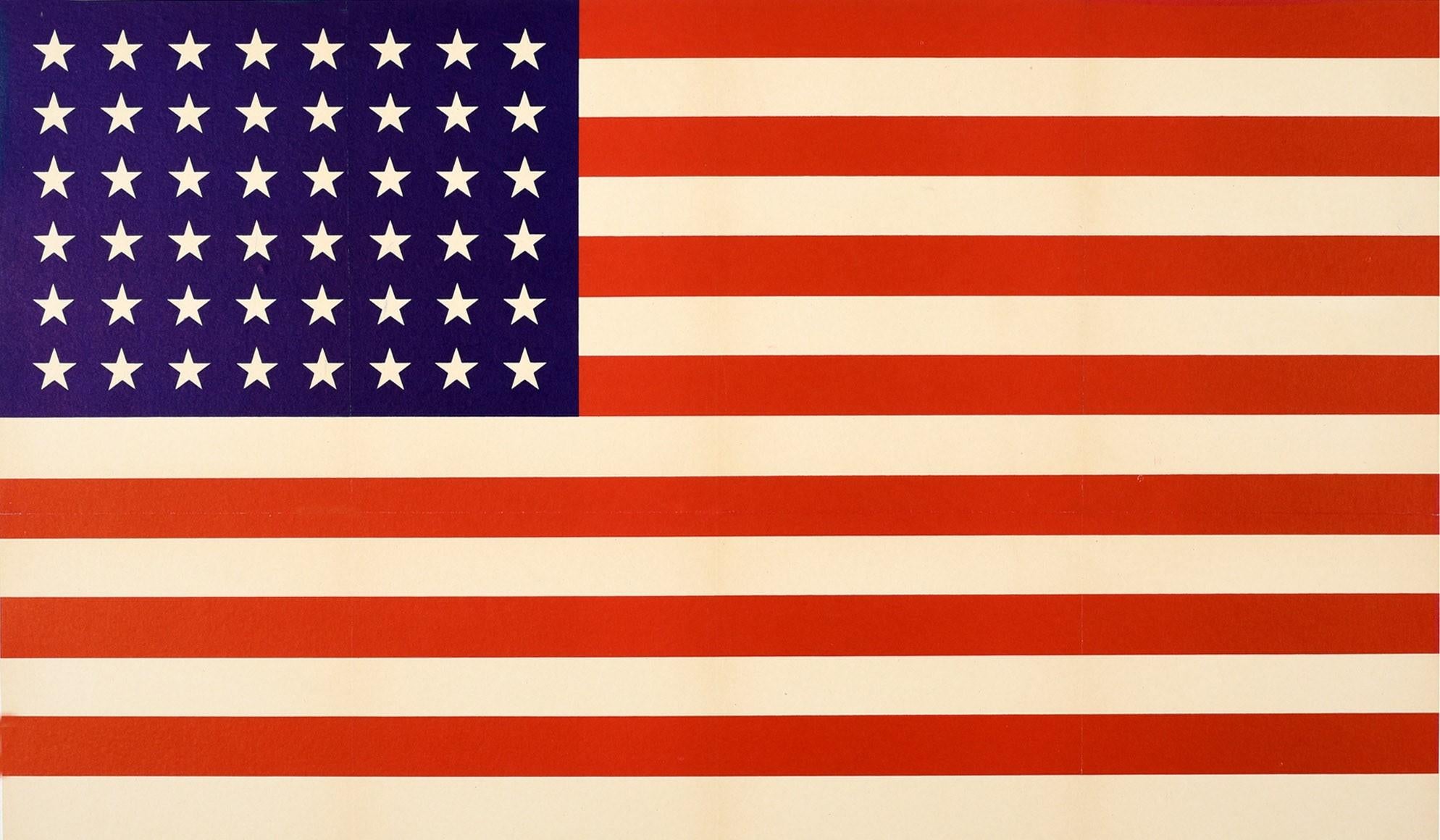 Original vintage World War Two propaganda poster issued by the United States Office of War Information to encourage all Americans to serve their country on the home front as well as on the front line. Dynamic design depicting the stars and stripes