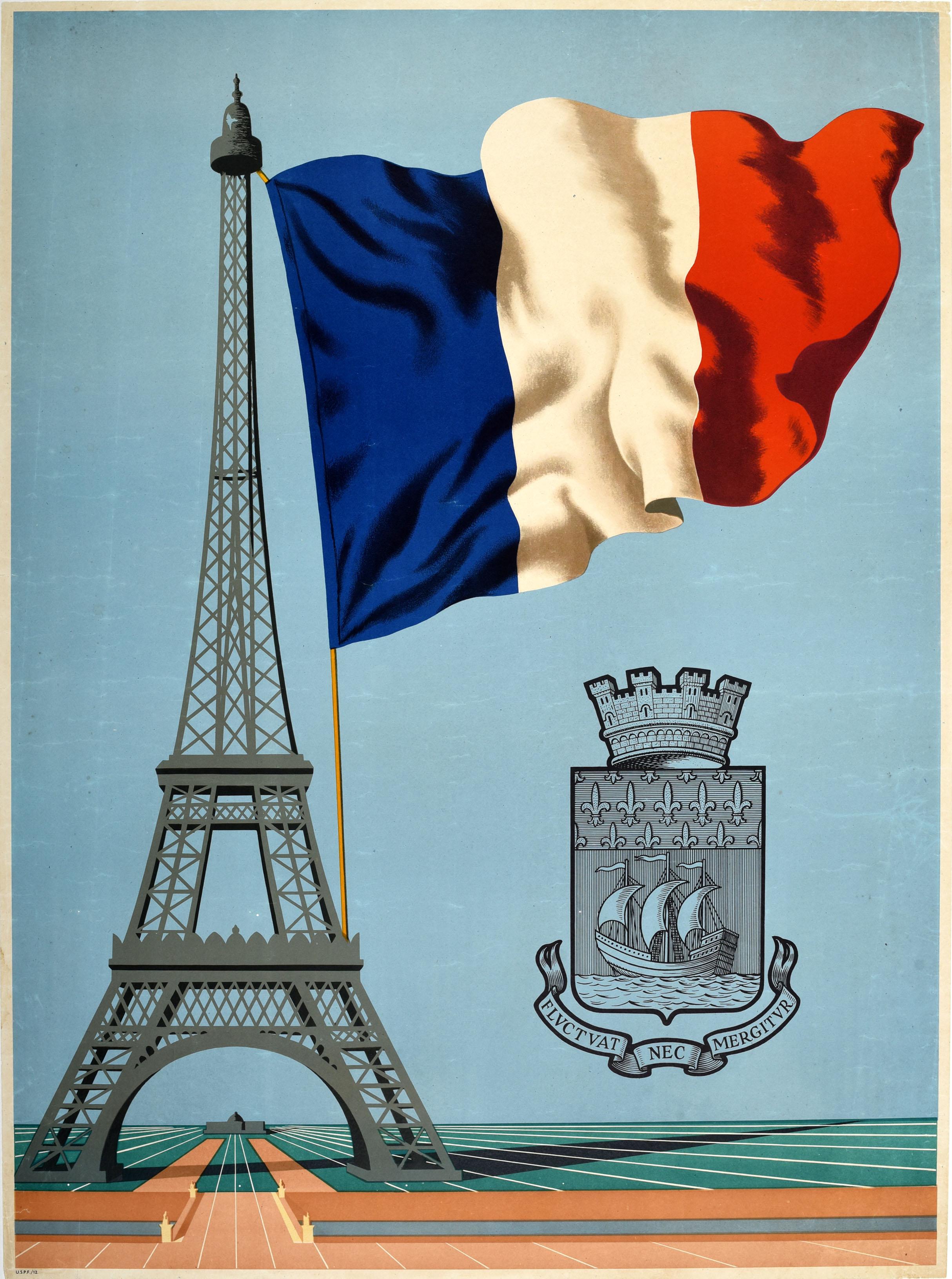 Unknown Print - Original Vintage WWII Poster Liberated Paris She Does Not Sink Eiffel Tower Flag