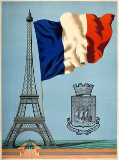 Original Vintage WWII Poster Liberated Paris She Does Not Sink Eiffel Tower Flag