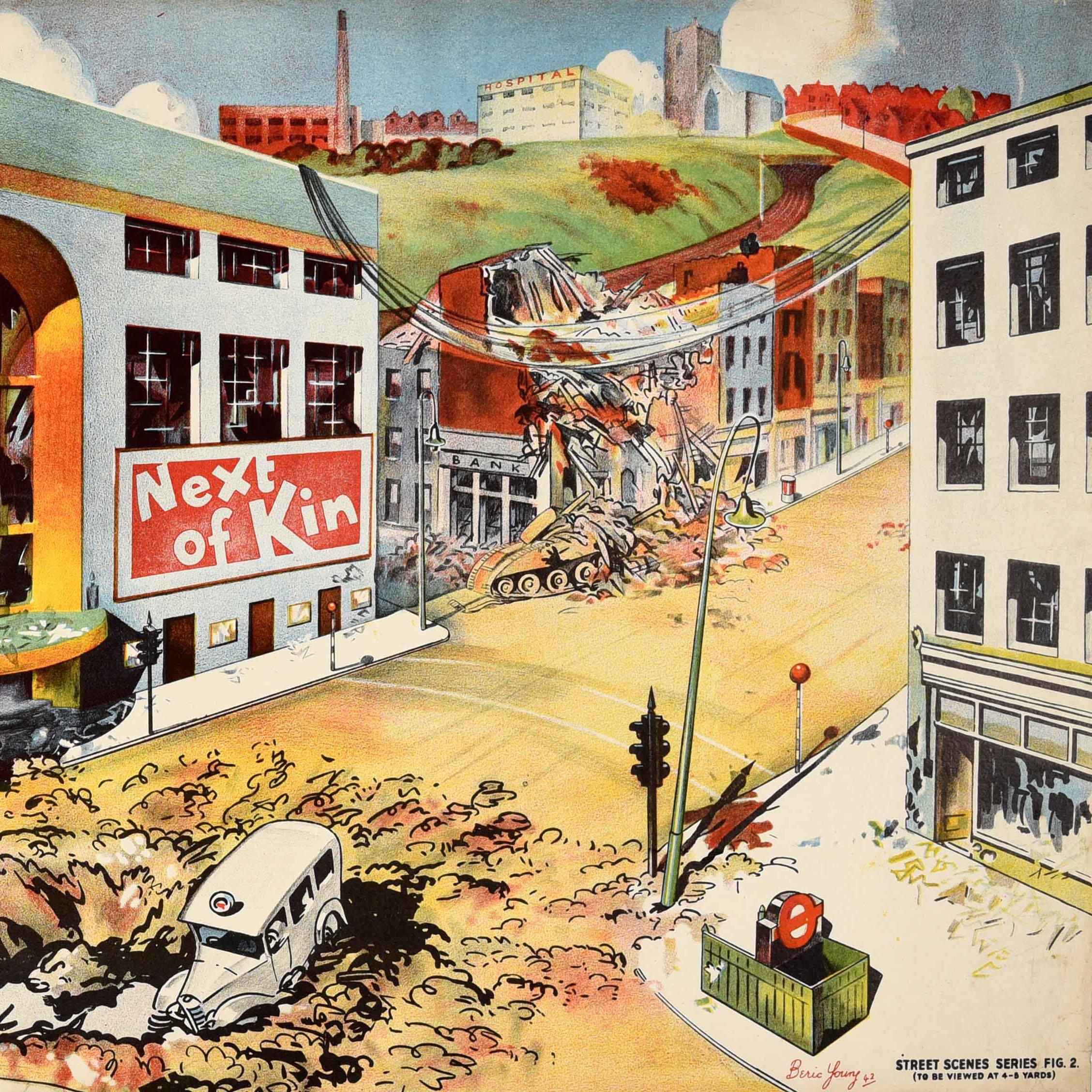Cartel original de época de la Segunda Guerra Mundial - Serie Escenas Callejeras Fig. 2 (para ver a 4-5 yardas) - emitido por la Oficina de Guerra y destinado al entrenamiento direccional de tiro con rifle, con ilustraciones de Beric Young