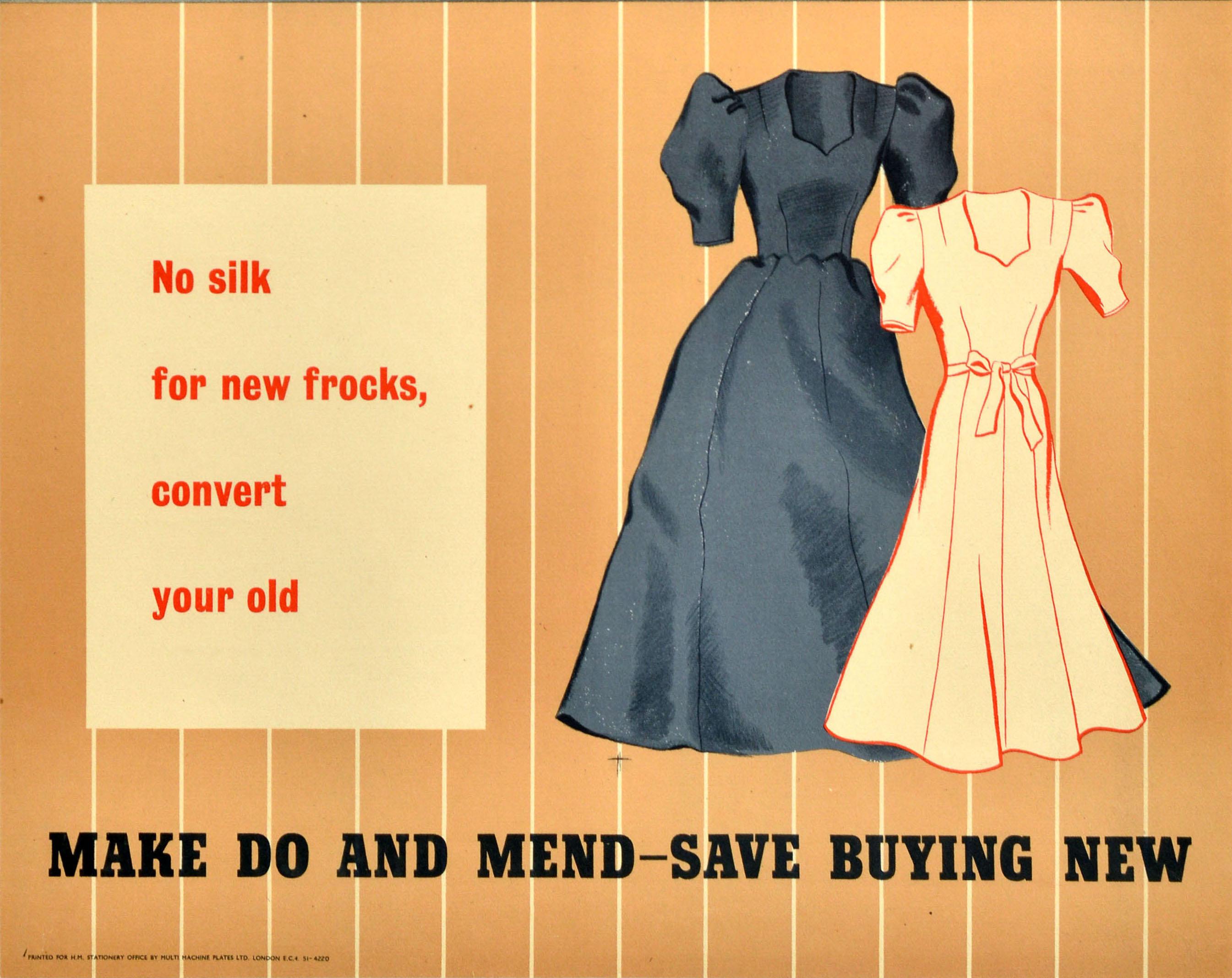 Affiche originale de la Seconde Guerre mondiale - Make do and mend Save buying new - publiée dans le cadre de la campagne gouvernementale encourageant les gens à réparer, réutiliser et réimaginer leurs vêtements en raison du rationnement. Elle