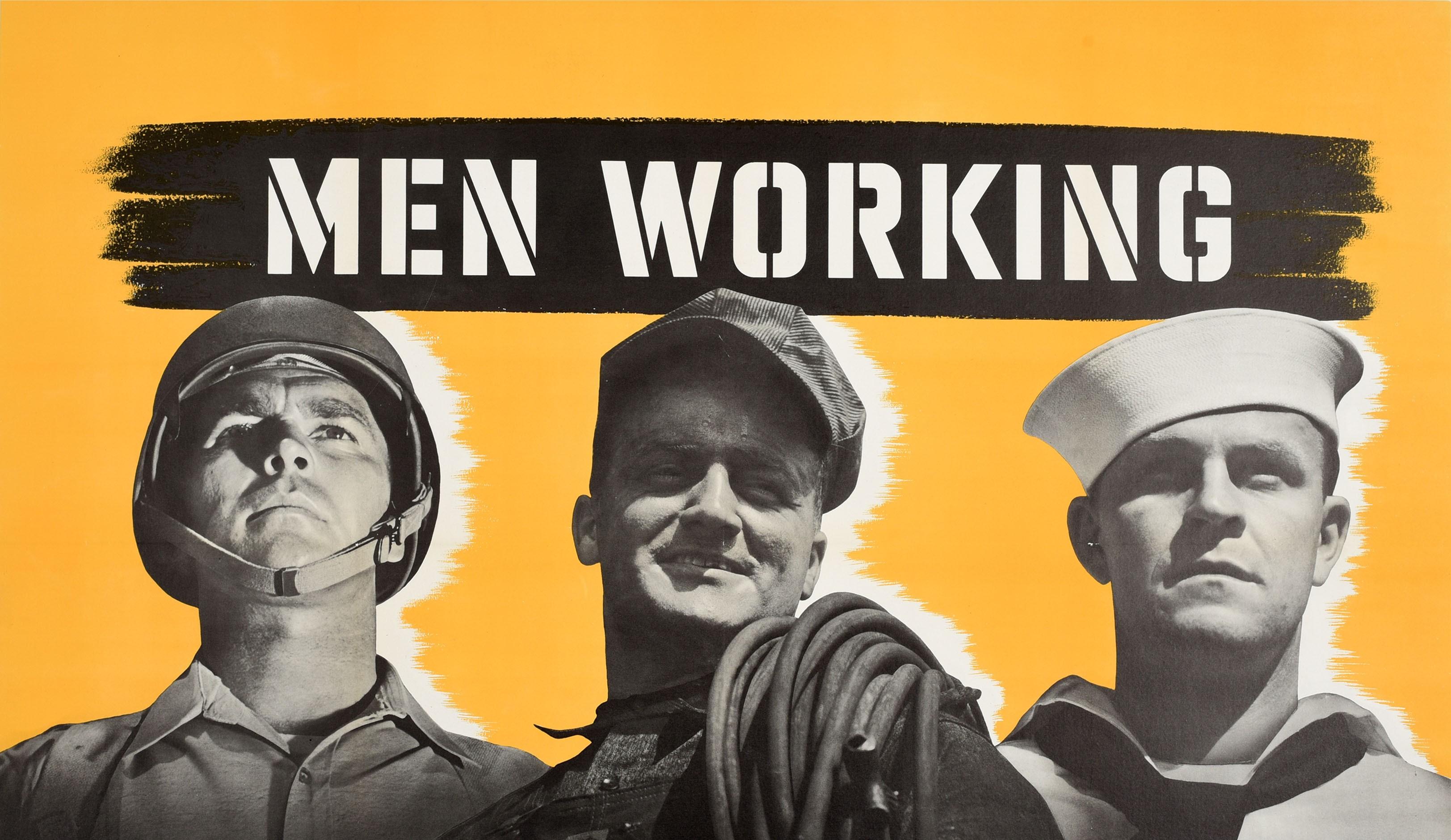 Original Vintage WWII Poster Männer arbeiten zusammen im US-Militär, Arbeiter an der Heimatfront (Orange), Print, von Unknown
