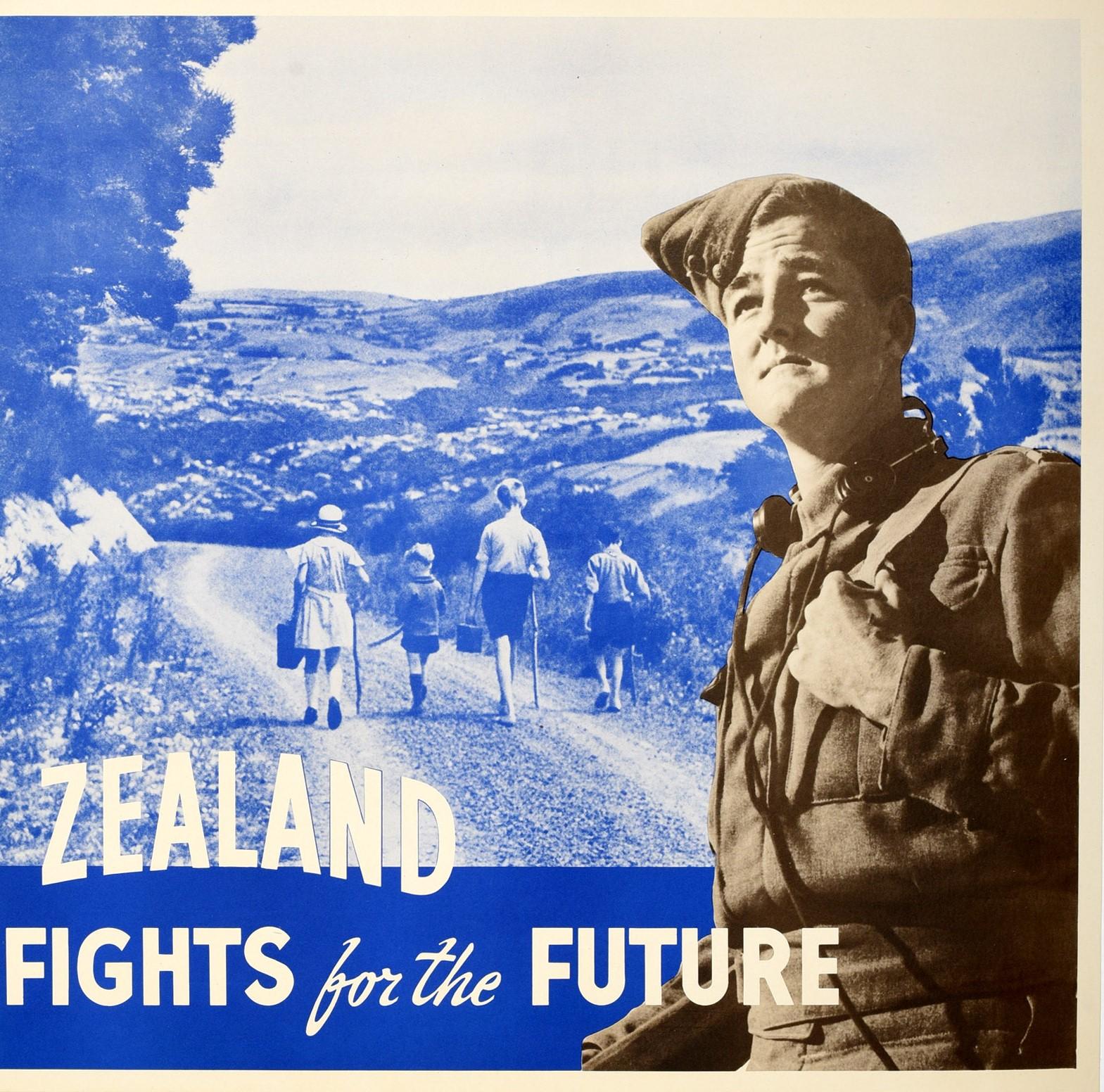 Original Vintage WWII Poster New Zealand Fights For The Future Soldier Children - Blue Print by Unknown