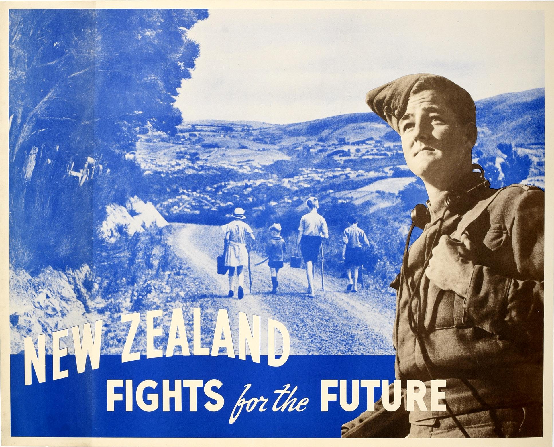 Unknown Print - Original Vintage WWII Poster New Zealand Fights For The Future Soldier Children