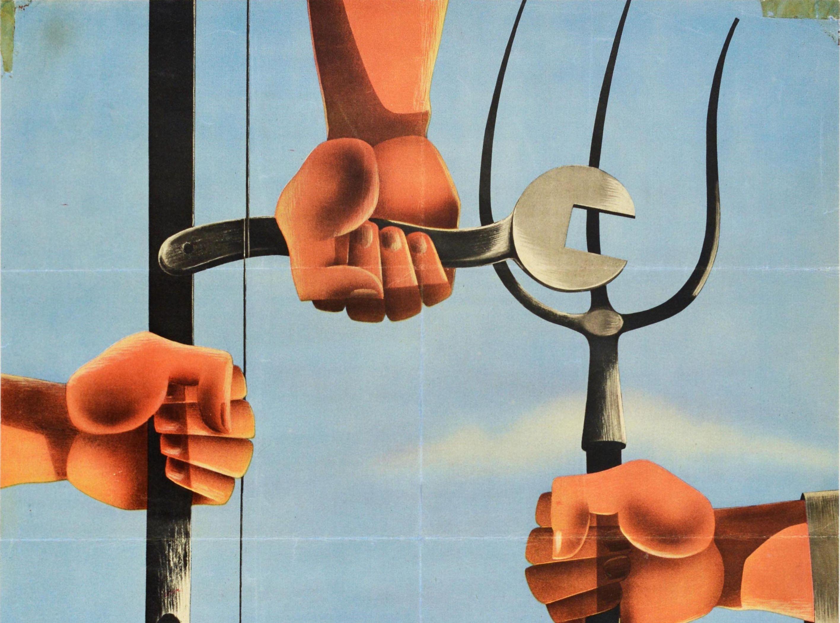 Original Vintage WWII Poster Ricominciamo Wiederaufbau Italien Handwerker Maschinenbauer – Print von Unknown