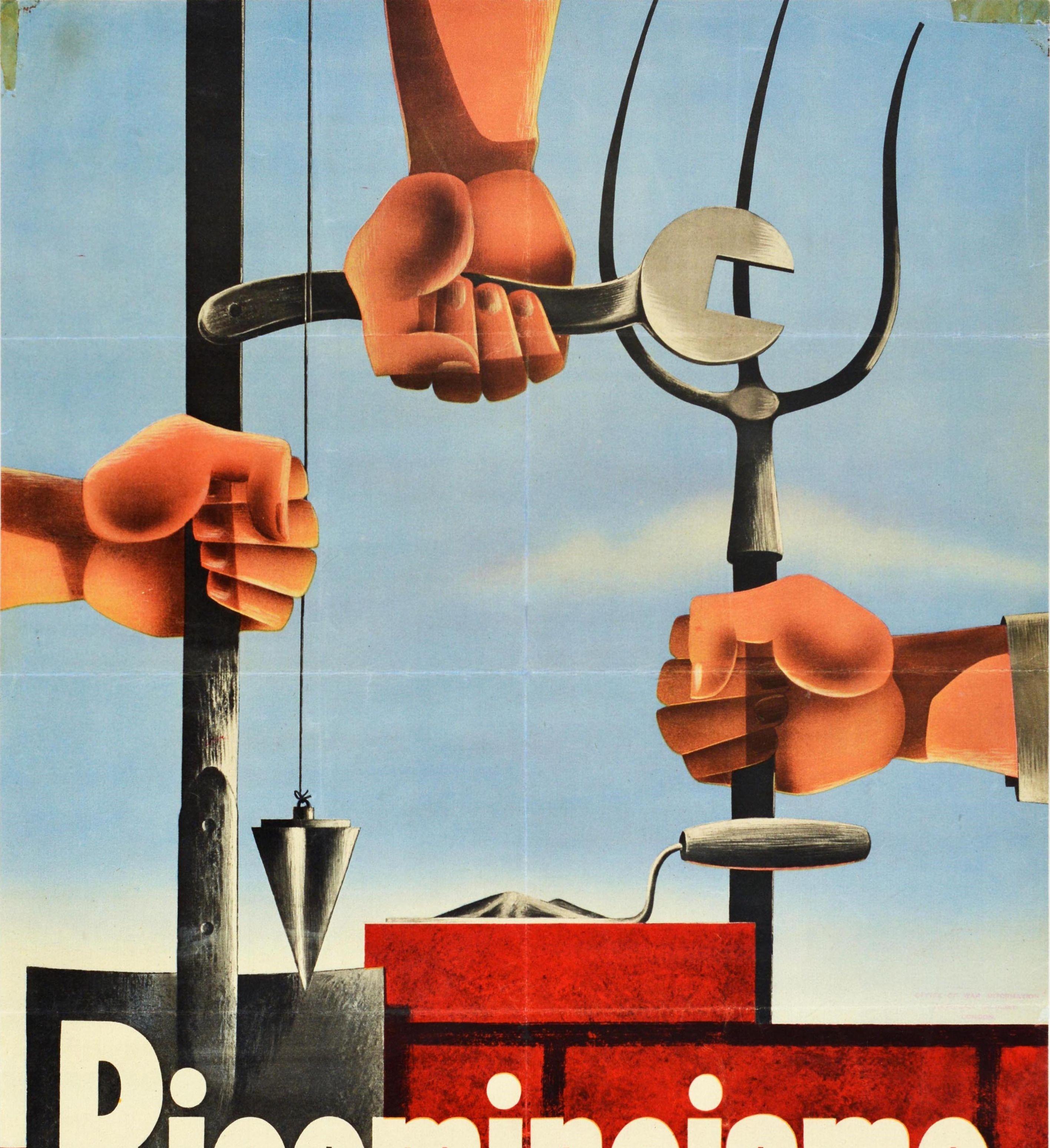 Original Vintage WWII Poster Ricominciamo Rebuild Italy Labour Mechanic Farmer - Gray Print by Unknown