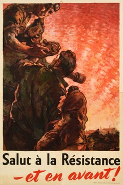 Original Vintage WWII Poster Salut A La Resistance Et En Avant! Forward Fighters
