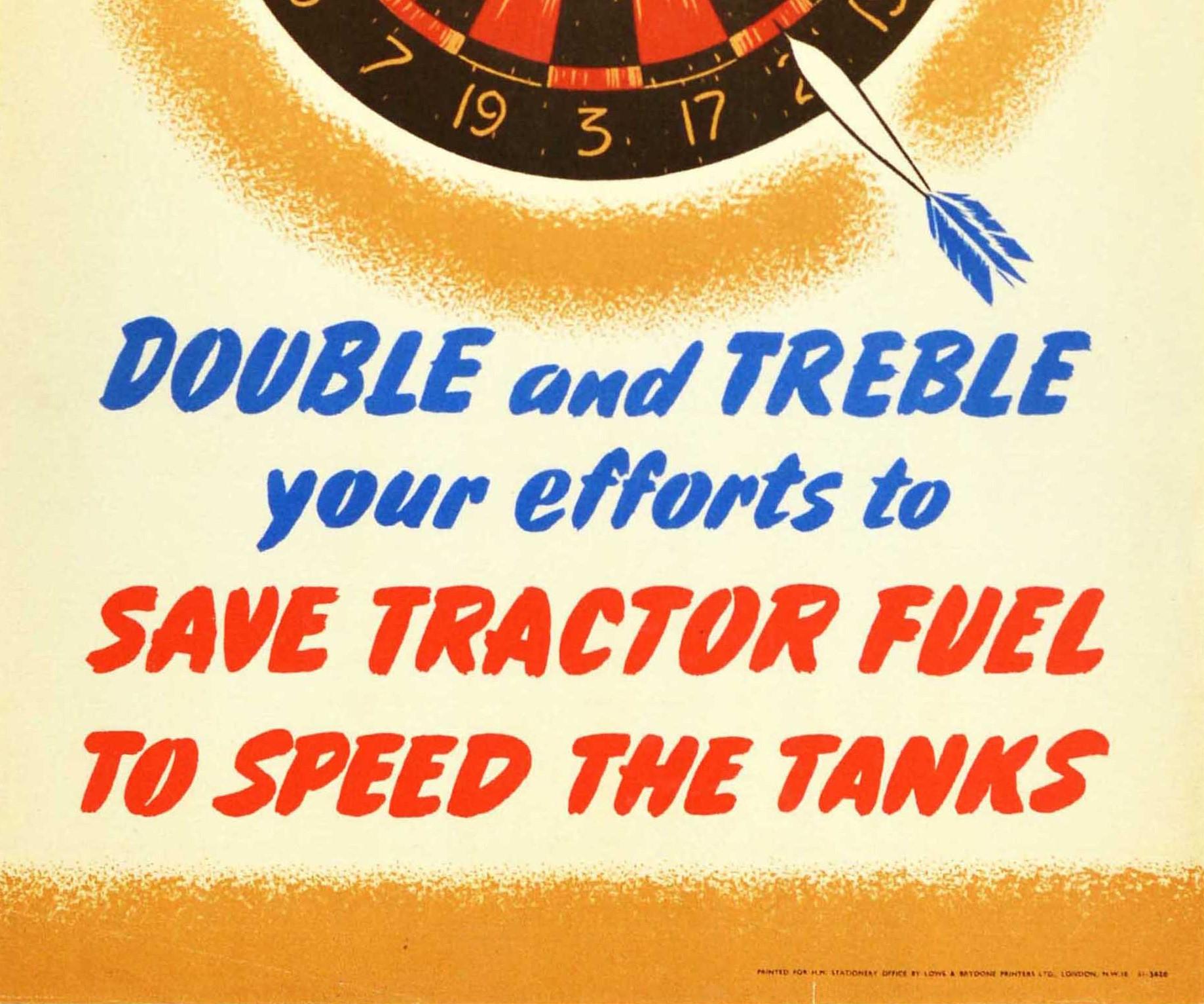 Original Vintage WWII Poster Save Tractor Fuel To Speed The Tanks Darts Design - Orange Print by Unknown