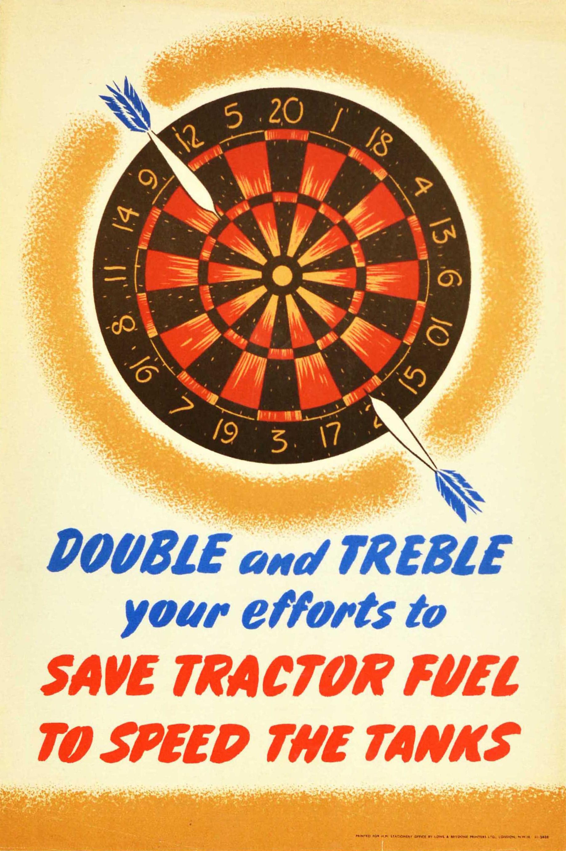 Unknown Print - Original Vintage WWII Poster Save Tractor Fuel To Speed The Tanks Darts Design