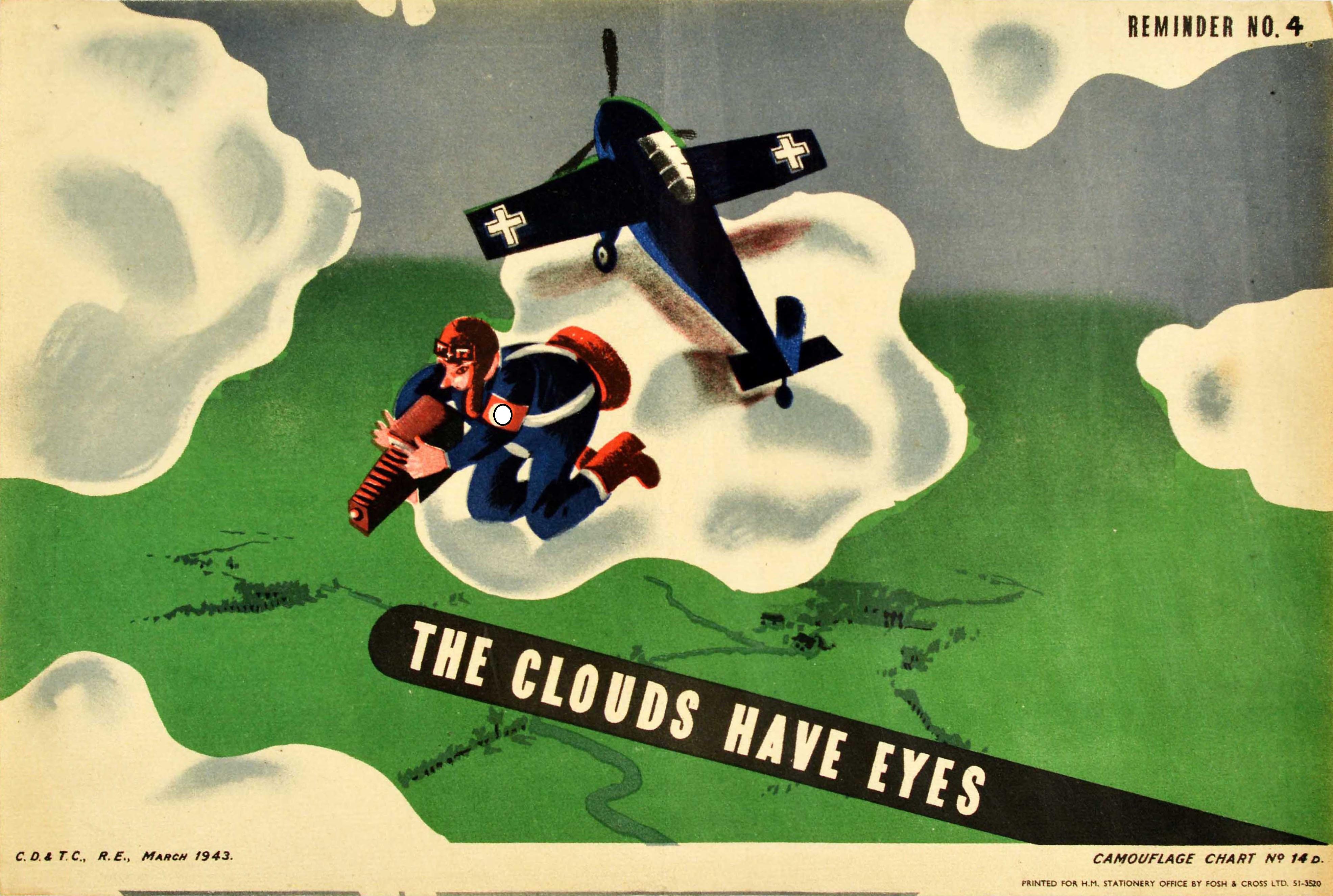Unknown Print - Original Vintage WWII Poster The Clouds Have Eyes War Spy Pilot Camouflage Plane