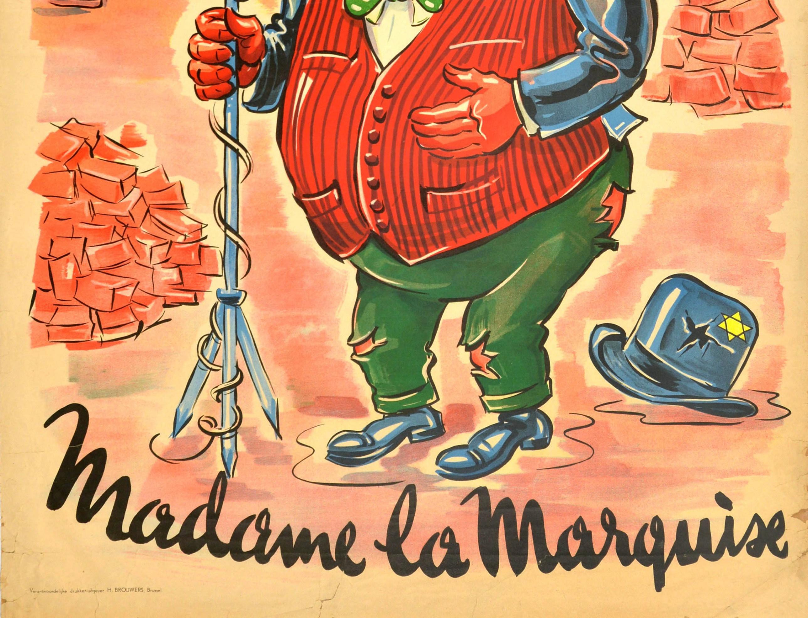 Original Vintage WWII Poster Tout Va Tres Bien Madame La Marquise Churchill BBC - Orange Print by Unknown