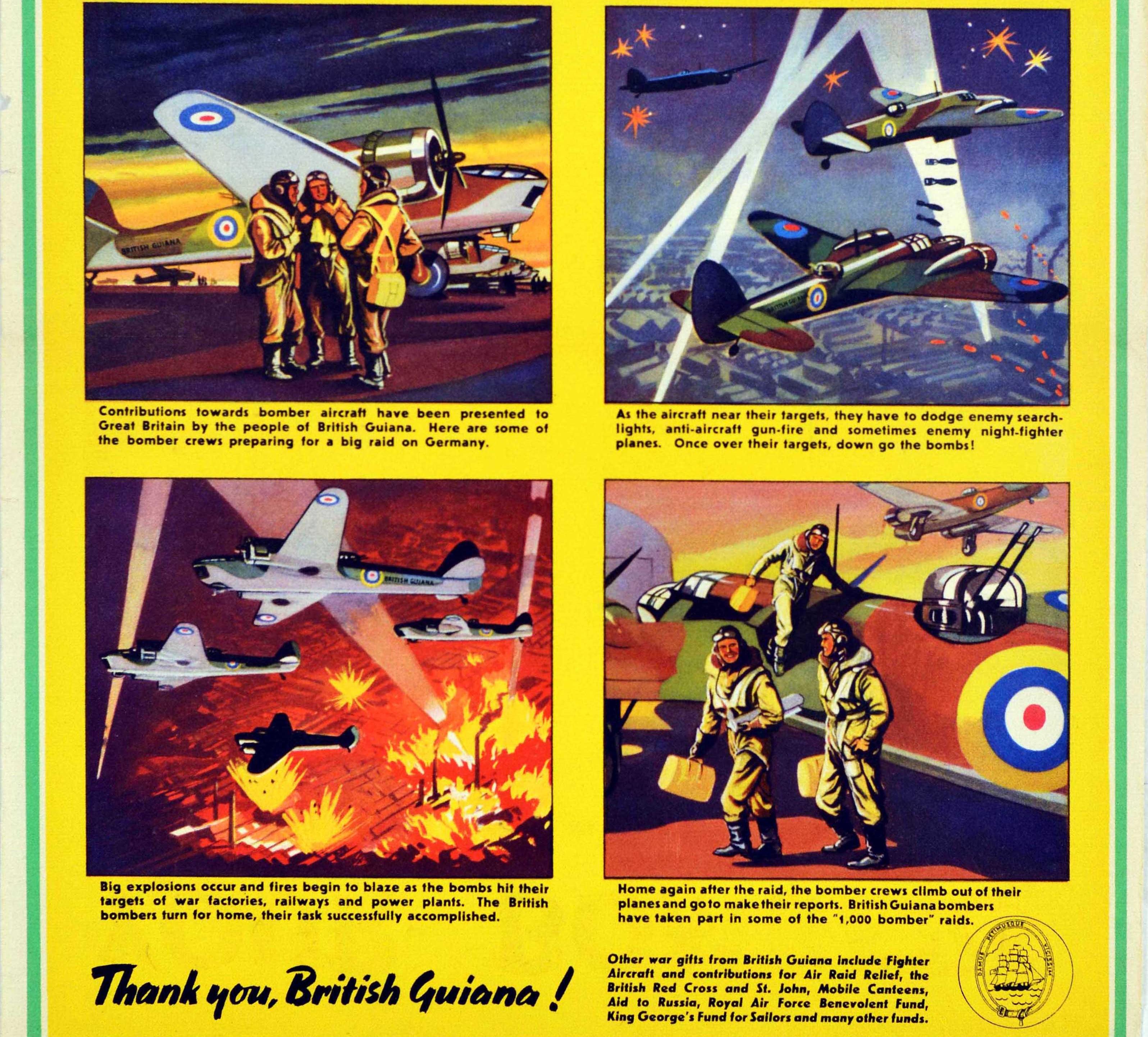 Originalplakat aus dem Zweiten Weltkrieg - Your Hurricanes In Action Thank You British Guiana! - mit vier farbenfrohen Illustrationen mit Bildunterschriften auf gelbem Hintergrund, die Piloten zeigen, die sich auf einen Angriff auf Nazi-Deutschland