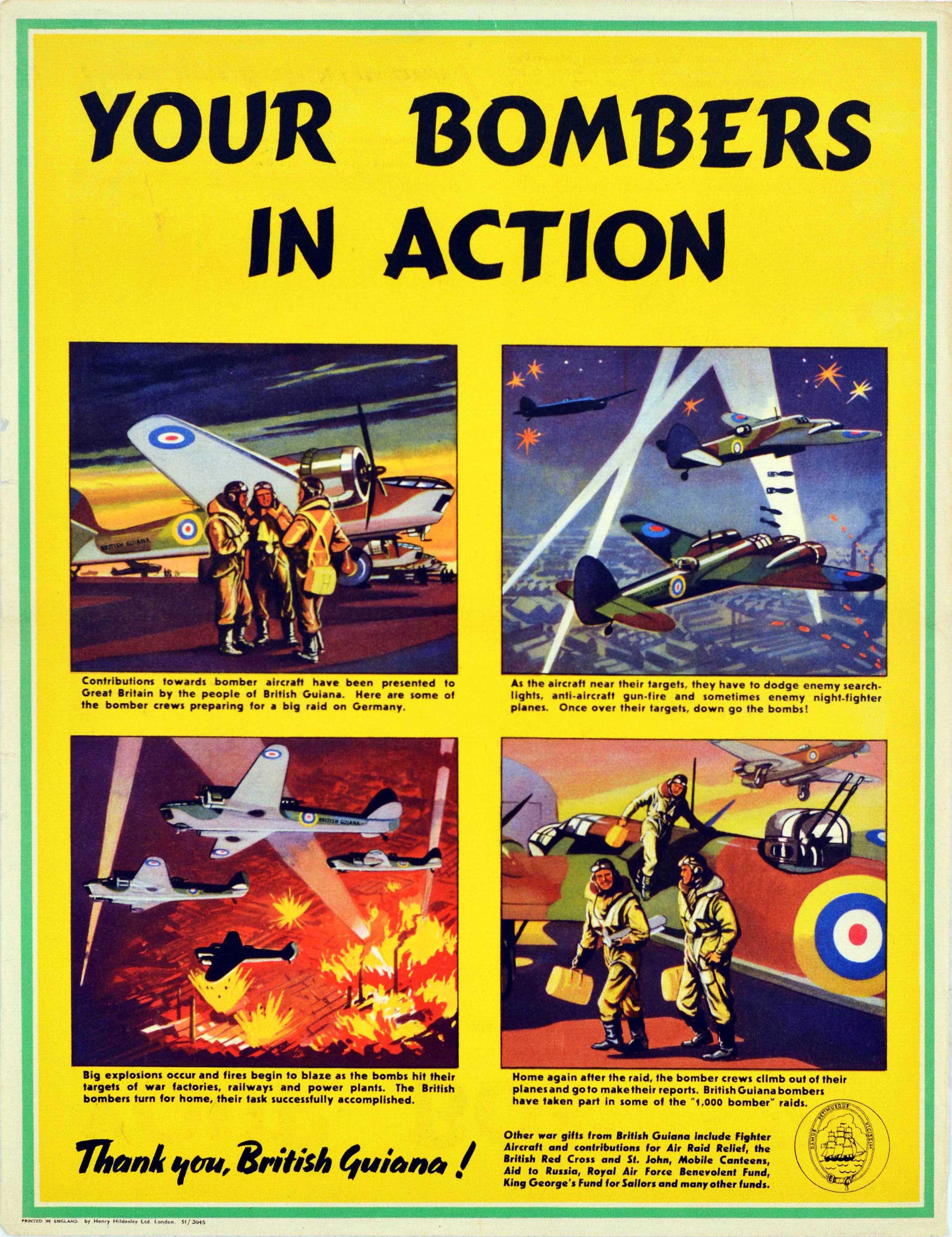 Unknown Print - Original Vintage WWII Poster Your Bombers In Action Thank You British Guiana RAF