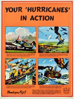 Affiche vintage d'origine de la Seconde Guerre mondiale Your Hurricanes In Action Merci You Fiji RAF Planes