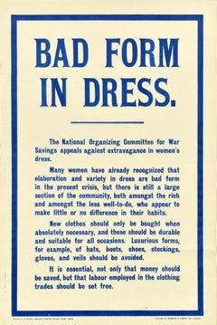 Original Antique WWI Propaganda Home Front Poster Bad Form In Dress War Savings