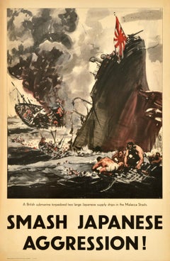 Original Used WWII Propaganda Poster Smash Japanese Aggression Malacca Strait