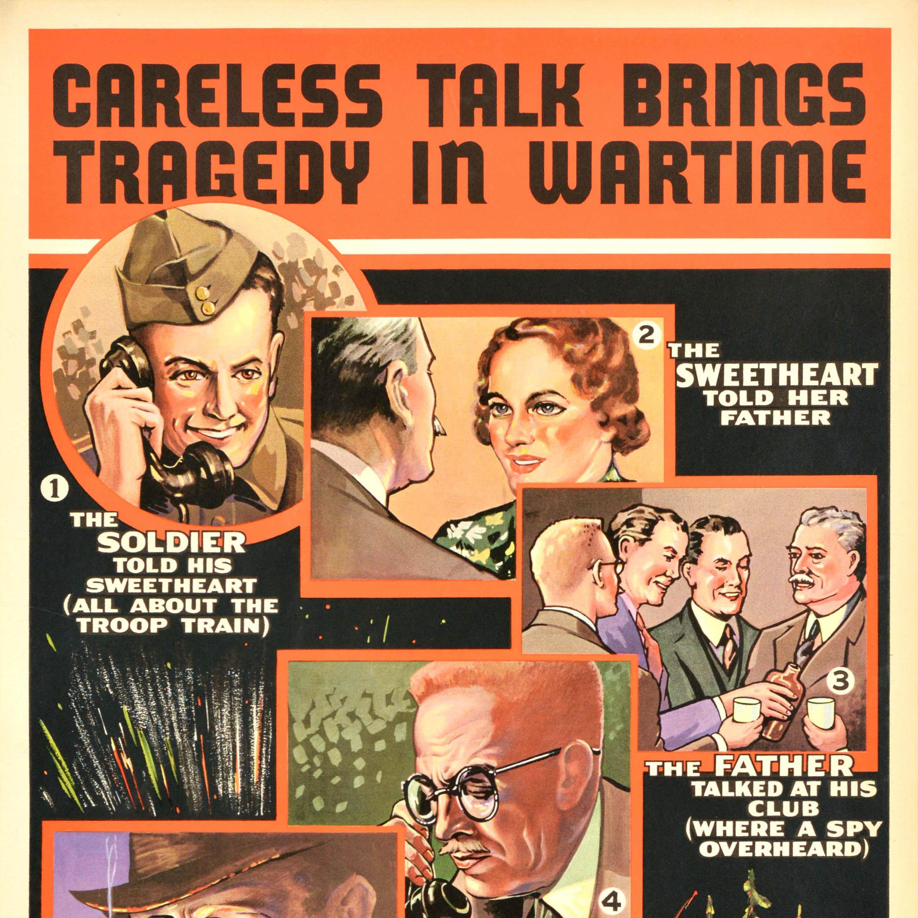 Original vintage World War Two warning propaganda poster - Careless Talk Brings Tragedy In Wartime - featuring numbered and captioned illustrations of 1. a young soldier on the phone telling his sweetheart about the troop train followed by 2. the