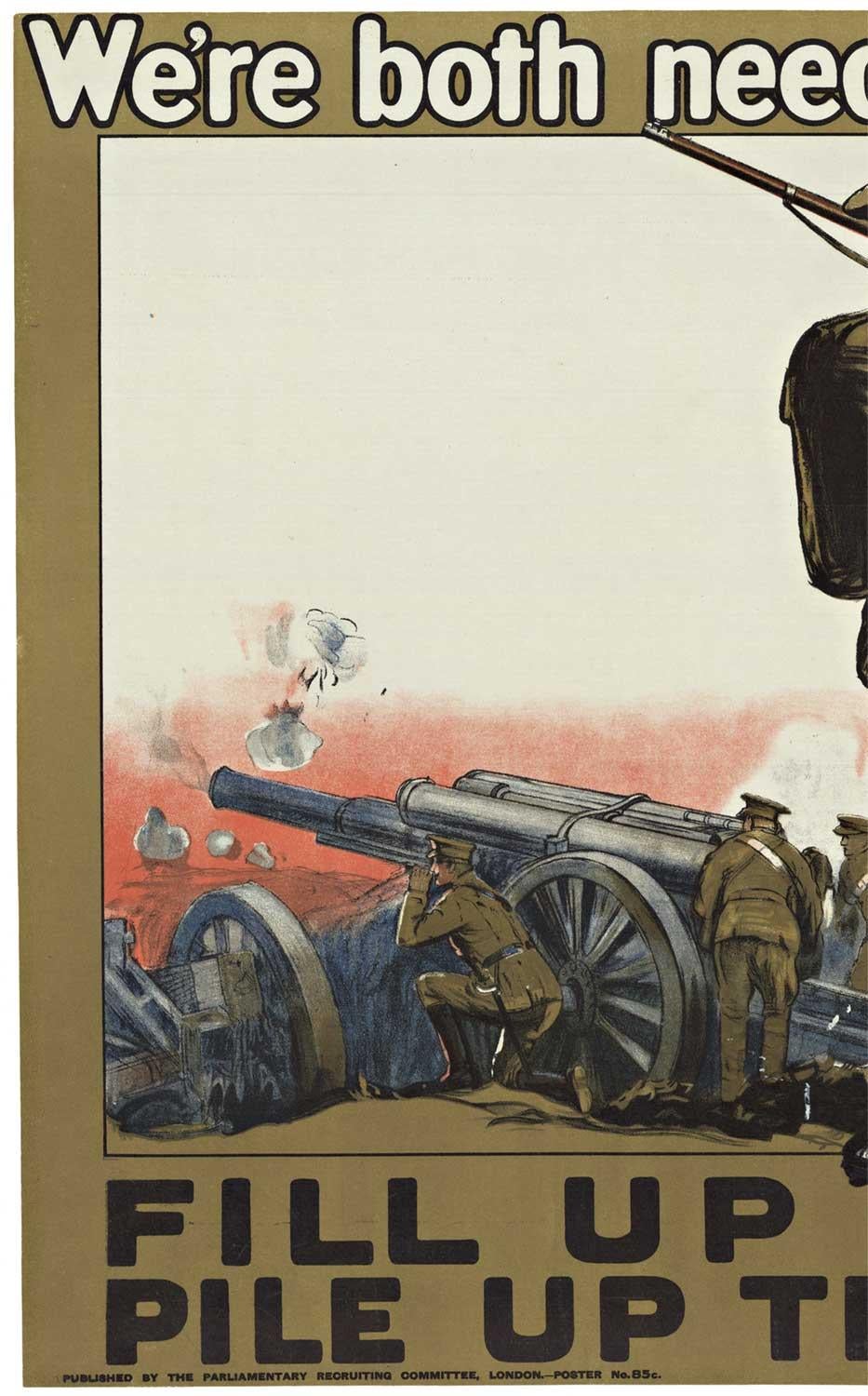 Originales britisches Vintage-Poster „We're both needed to serve the Guns!“, 1915 – Print von Unknown