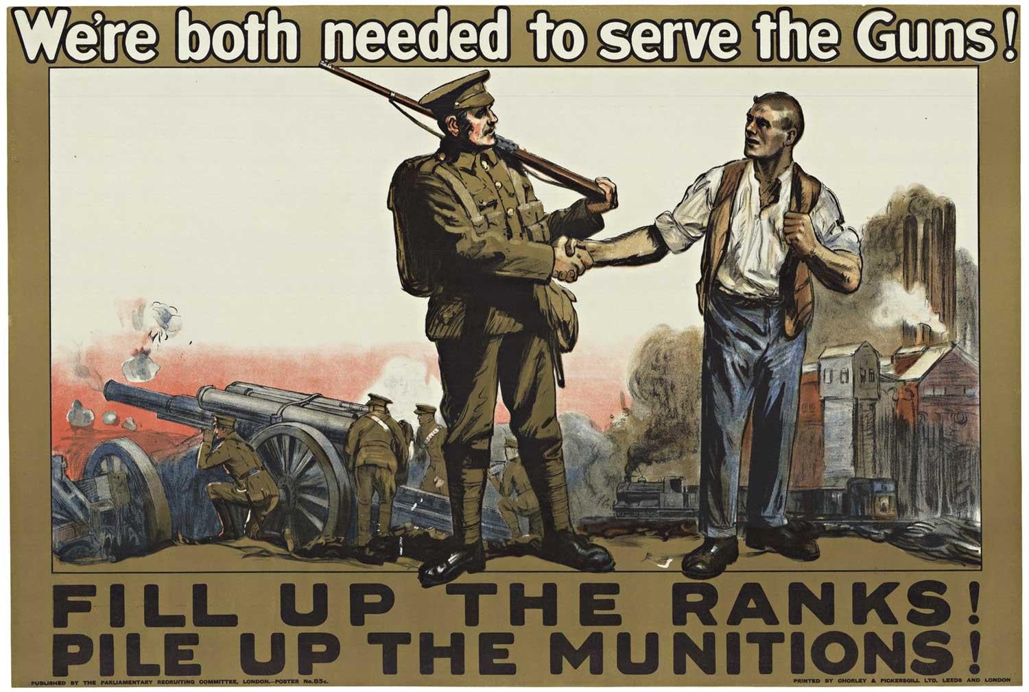 Unknown Landscape Print - Original 'We're both needed to serve the Guns!" vintage British poster, 1915