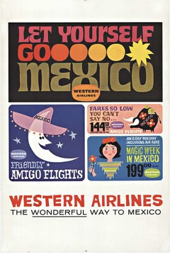 Original Western Airlines Let Yourself Go Mexico vintage poster