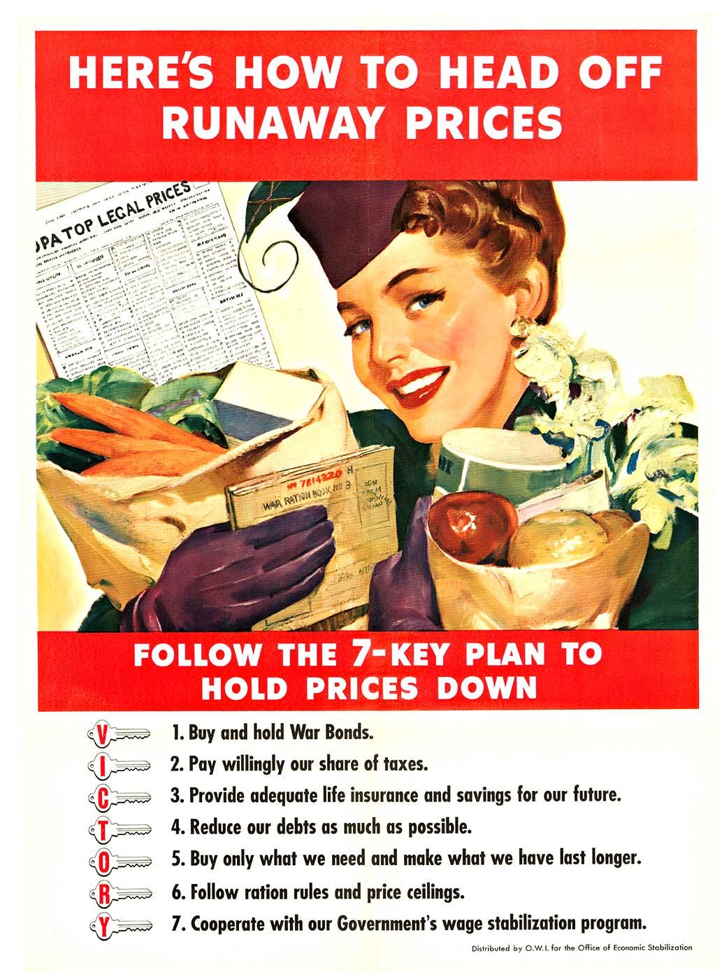 Still-Life Print di Unknown - Poster d'epoca originale della Seconda Guerra Mondiale "Ecco come evitare la fuga dei prezzi".  su lino