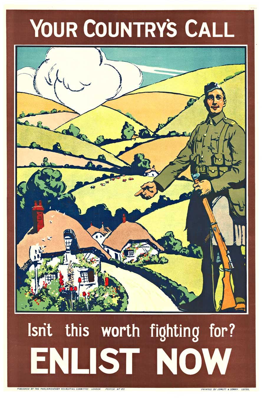 Figurative Print Unknown - Affiche britannique vintage de 1915 « Your Country's Call, Enlist Now »