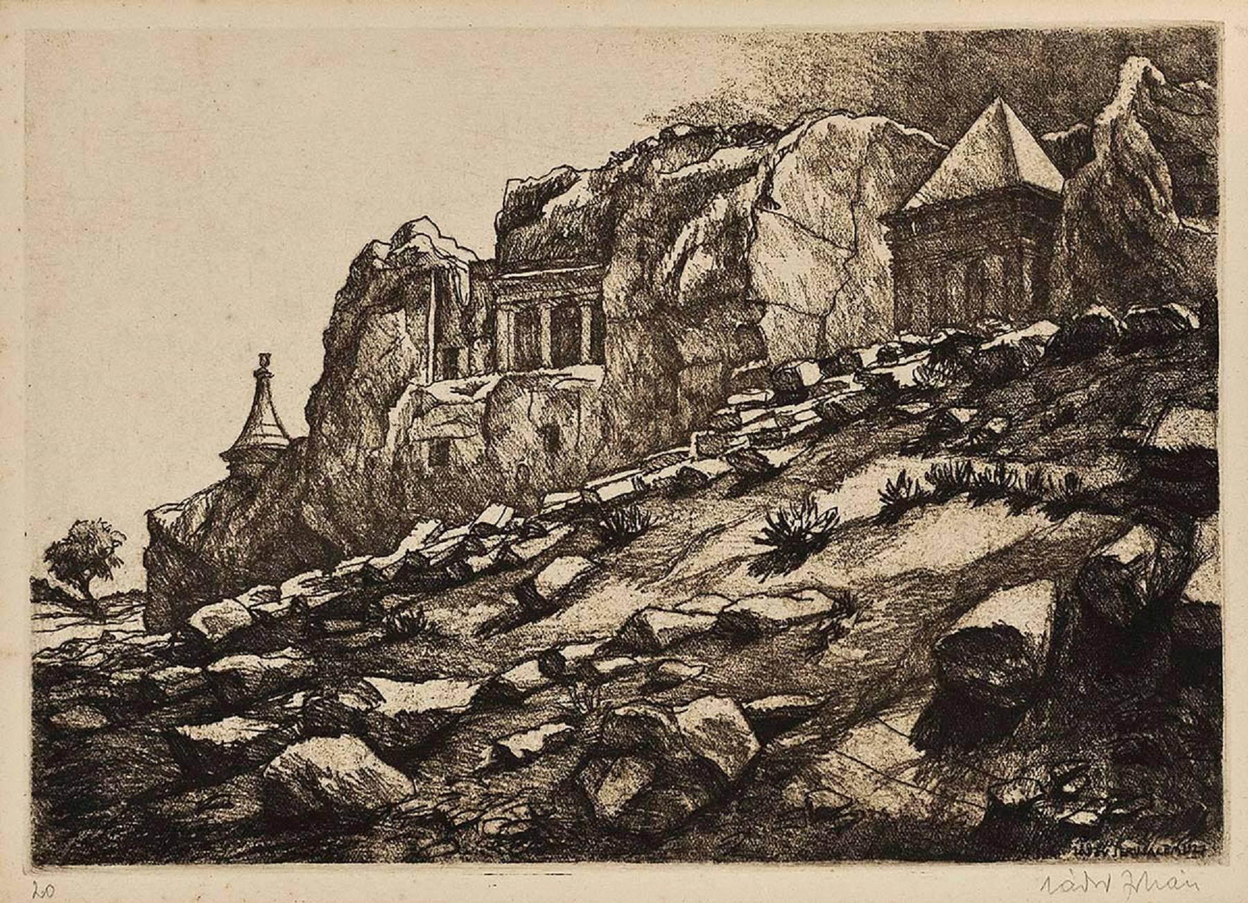 Outside Jerusalem, Tomb of Ashalom, Judaica Print - Beige Landscape Print by Unknown