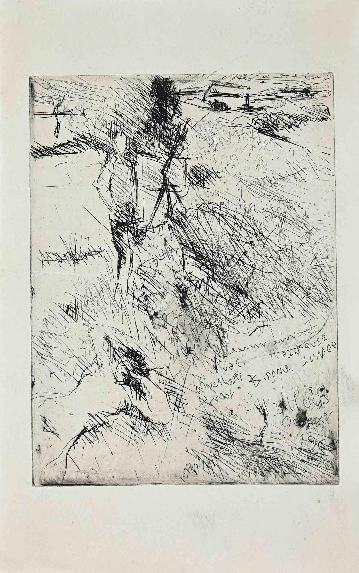 Unknown Figurative Print - Painter in the Fields with his Model - Original Etching - 1960