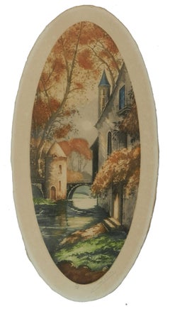 Pair French Chateau Landscape (1) Signed by Artist Lithographs c1920