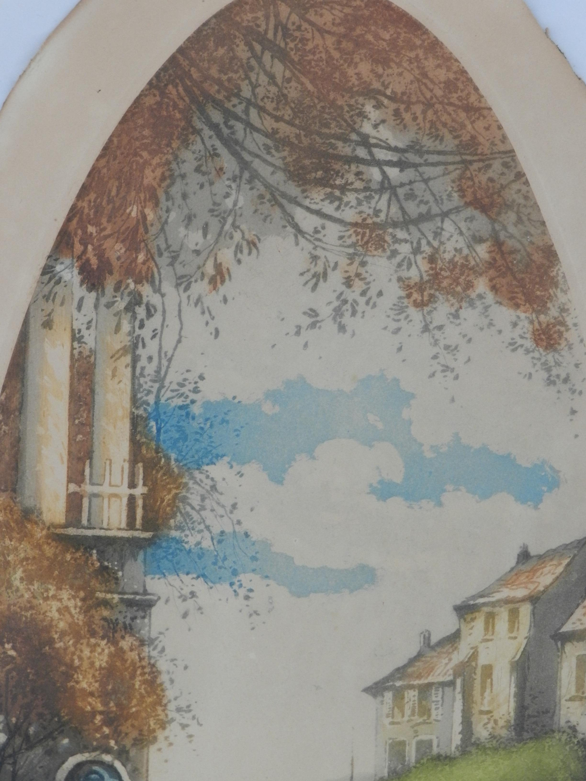 Paire de paysages de château français (1) Signé par l'artiste Lithographies c1920 en vente 2