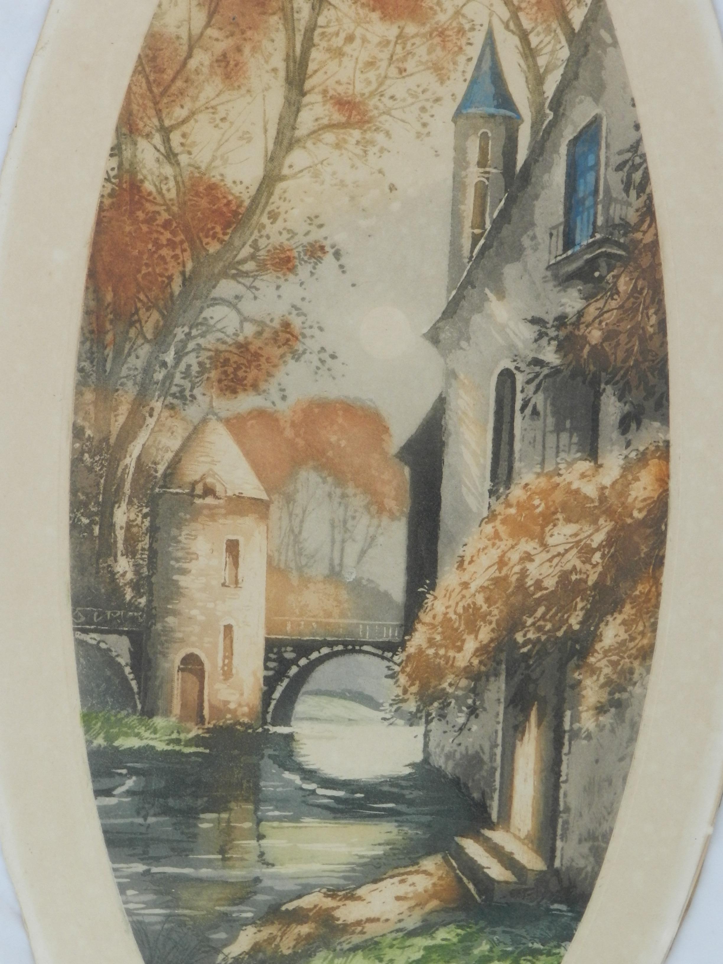 Pair French Chateau Landscape (1) Signed by Artist Lithographs c1920 For Sale 3