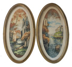 Pair French Chateau Landscape (1) Signed by Artist Lithographs c1920
