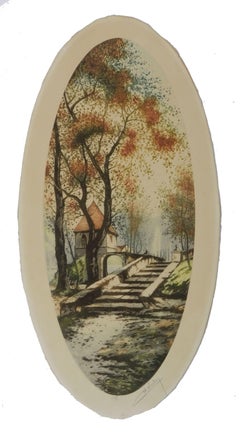 Pair French Chateau Landscape Signed by Artist Lithograph c1920