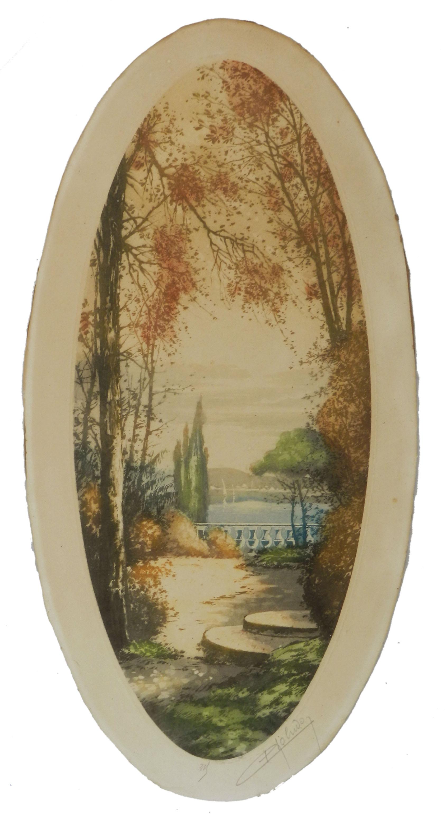 Paar französische Chateau-Landschaft, signiert vom Künstler, Lithographie, um 1920 (Ästhetizismus), Print, von Unknown