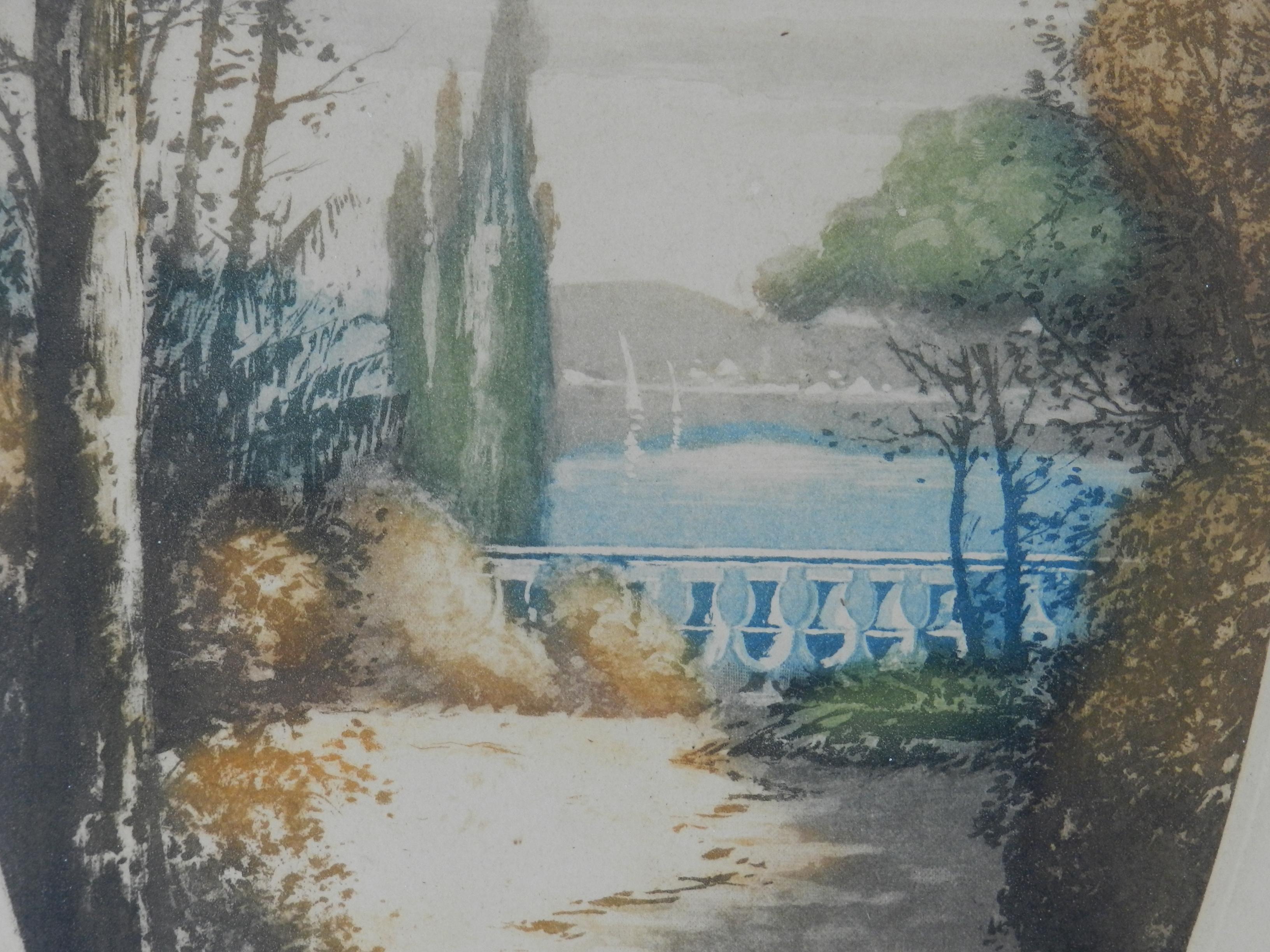 Pair French Chateau Landscape Signed by Artist Lithograph c1920 - Gray Landscape Print by Unknown