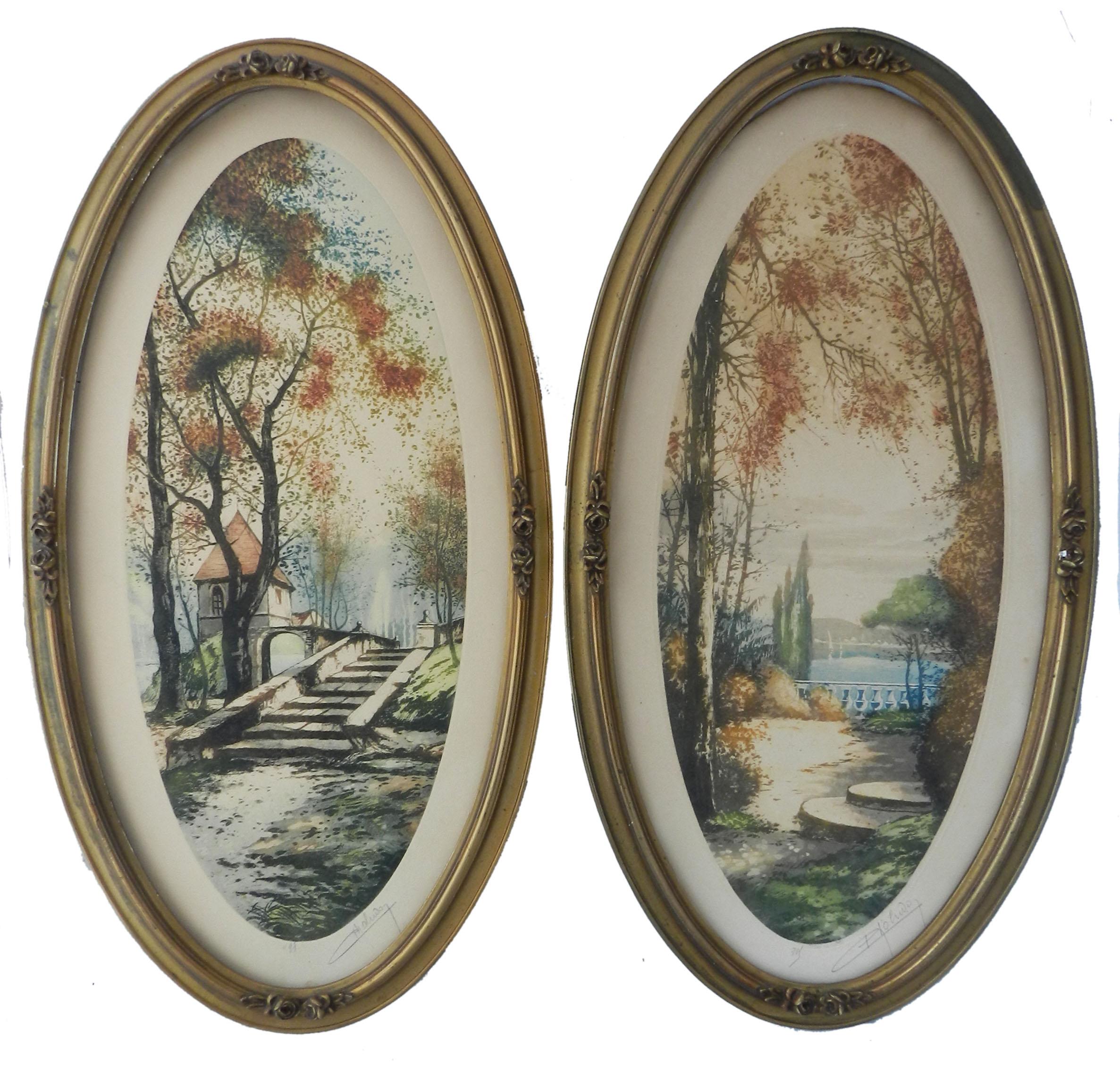 Pair French Chateau Landscape Signed by Artist Lithograph c1920