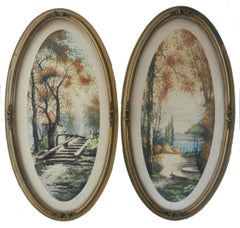 Pair French Chateau Landscape Signed by Artist Lithograph c1920