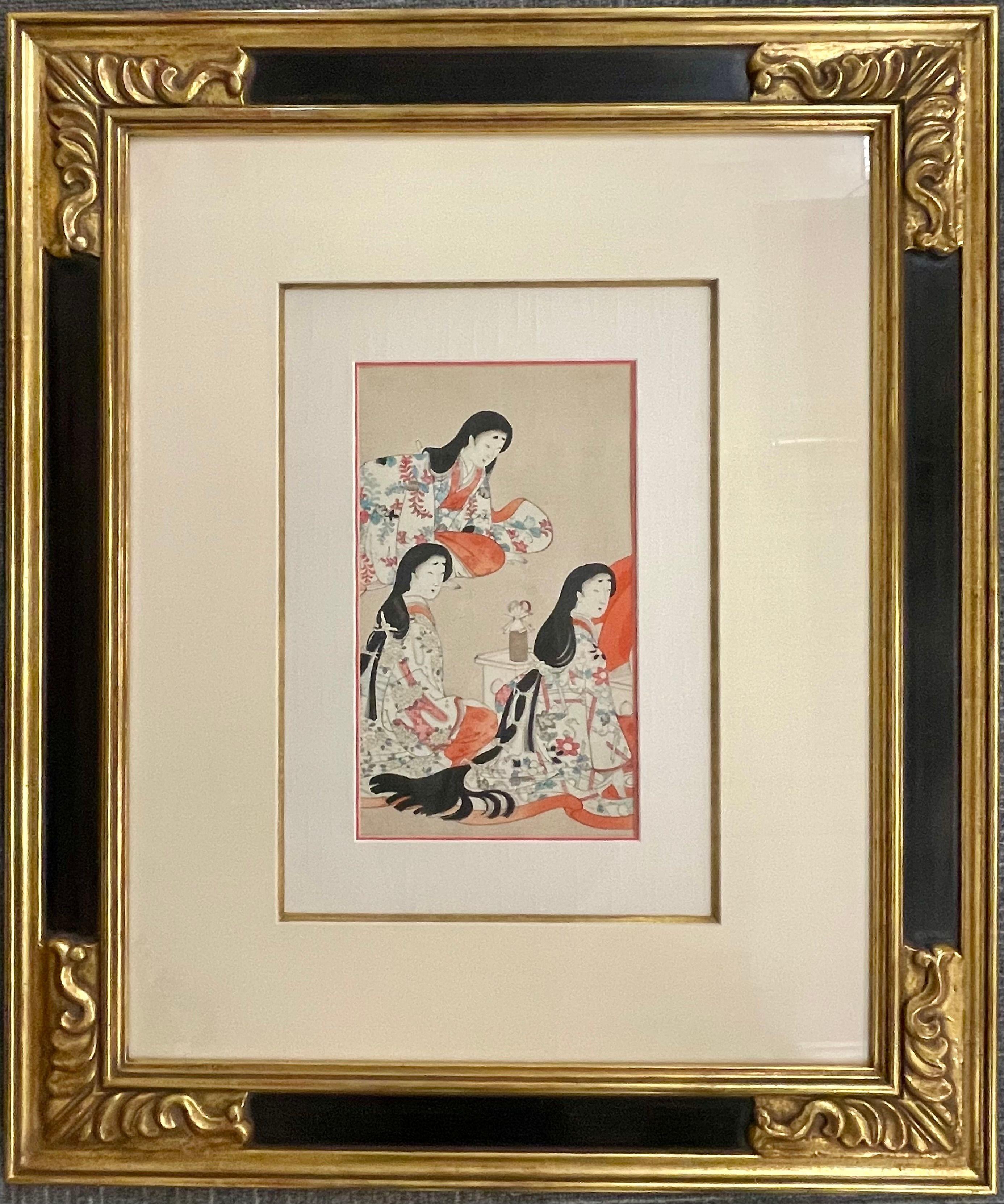 Pair Japanese Woodblock, Matted, Custom Ebony Frames - Brown Figurative Print by Unknown