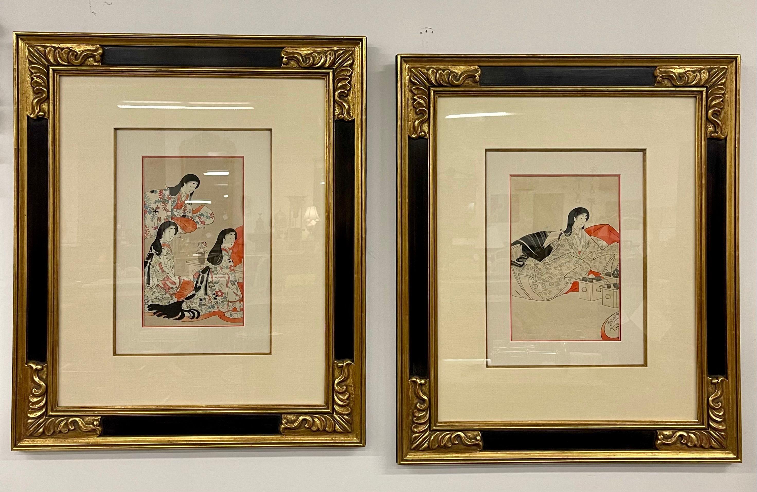 A pair of Japanese Woodblocks each in a fine custom matted frame with fine ebony and gilt decorations. Each signed and dated on the reverse. Listed below.
-A courtyard lady in a commercial robe. By: Chikanobu Printed 1893
-Three court ladies in a