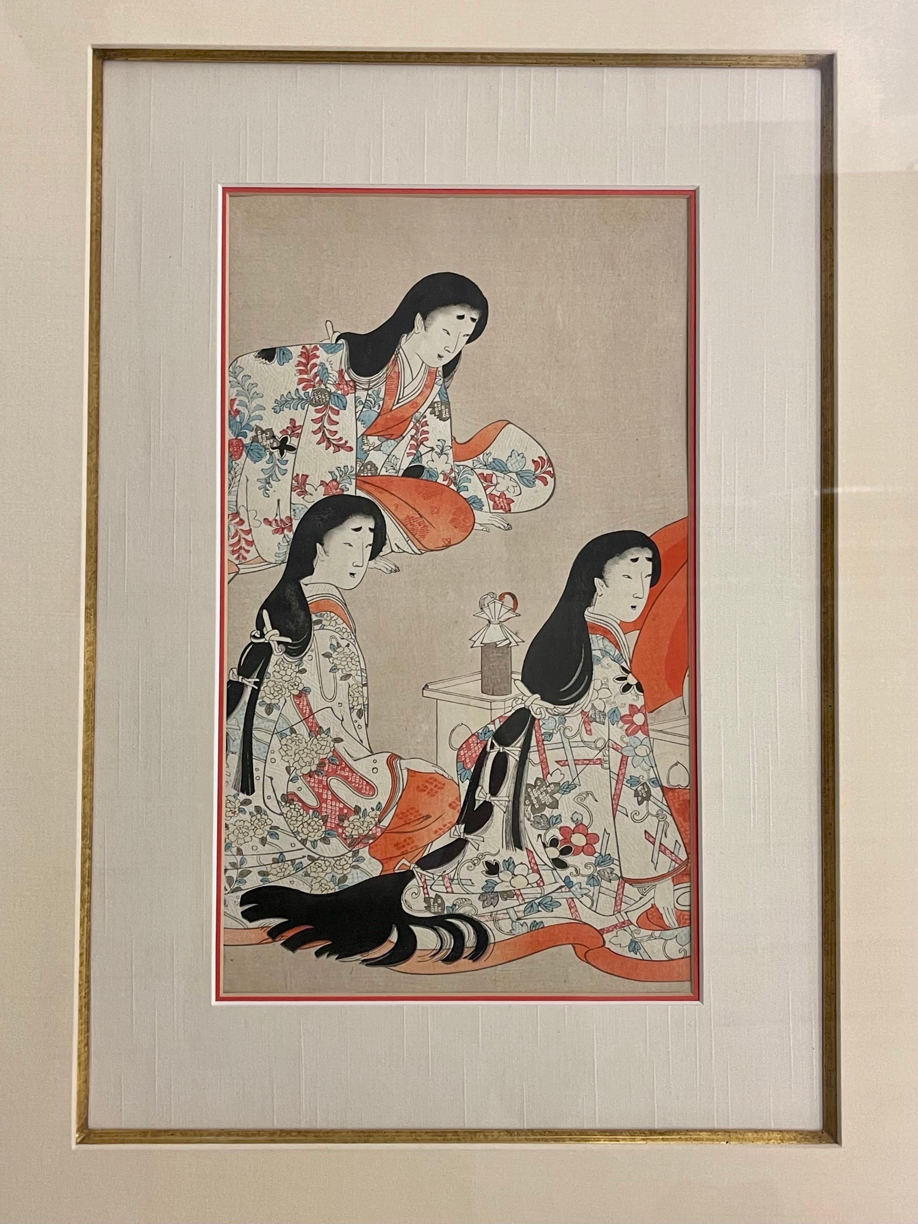 Pair Japanese Woodblock, Matted, Custom Ebony Frames For Sale 3