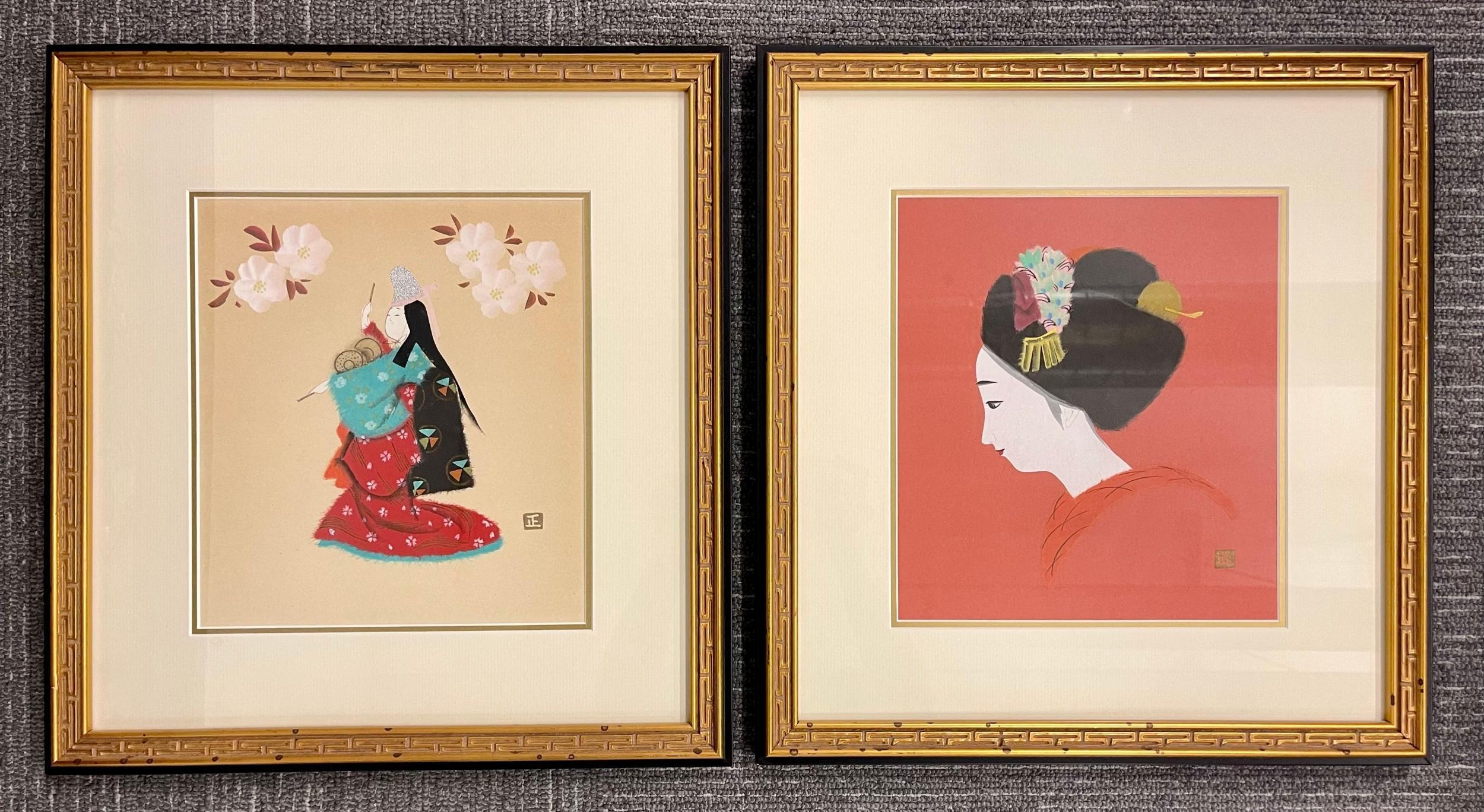 Pair of Japanese Woodblocks Custom Frames Signed - Beige Figurative Print by Unknown